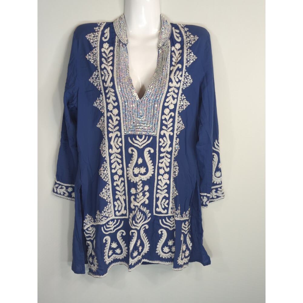 Finch Blue & White Heavily Embroidered Sequin Blouse Womens M Cotton Peasant Top